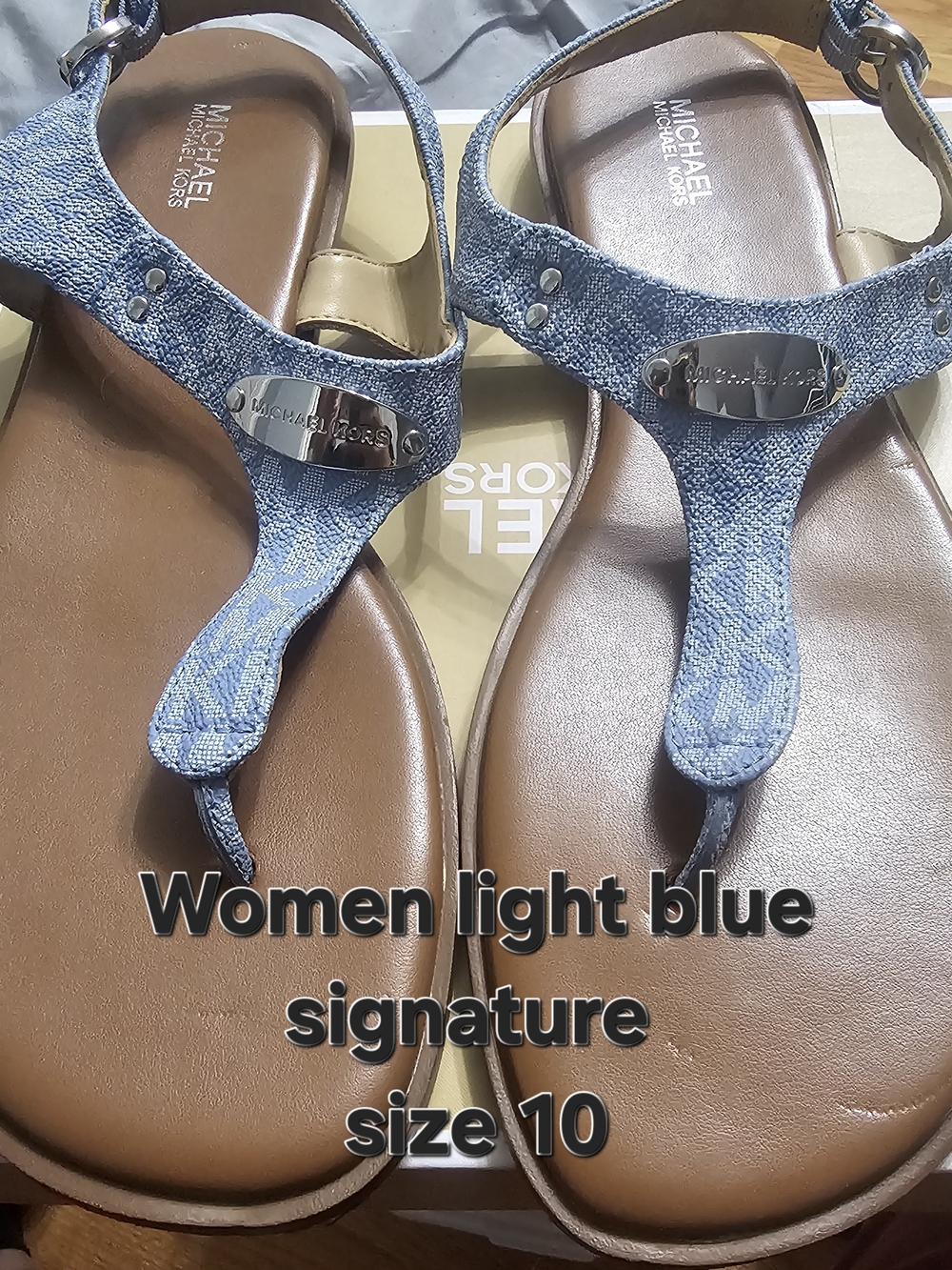 Michael Kors Light Blue Denim T-Strap Sandals with Metallic Logo